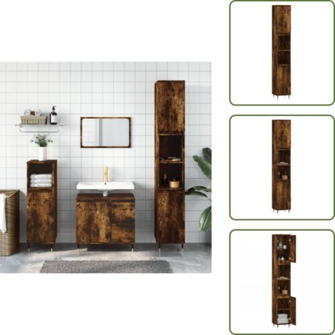 The Living Store Armadietto Bagno Rovere Fumo 30x30x190 cm in Legno Multistrato - Armadio da bagno