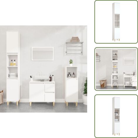 The Living Store Armadietto da Bagno Bianco 30x30x190 cm in Legno Multistrato - Armadietto in legno