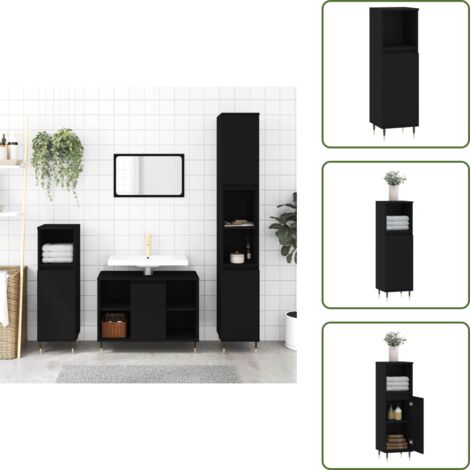 The Living Store Armadietto da Bagno Nero 30x30x100 cm in Legno Multistrato - Armadio da bagno