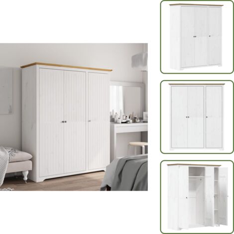 The Living Store Armadio BODO 146x53,5x173 cm Legno Massello Pino Bianco Marrone - Armadio francese