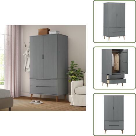 The Living Store Armadio MOLDE Grigio 90x55x175 cm in Legno Massello di Pino - Armadio grigio