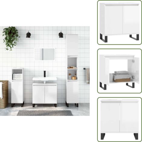 The Living Store Armario de baño madera de ingeniería blanco brillo 58x33x60 cm - Armario de baño madera