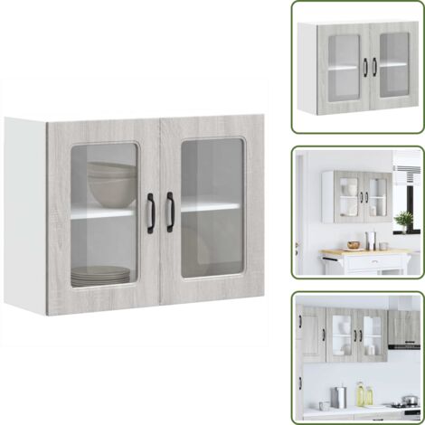 The Living Store Armario de cocina de pared con puerta de cristal "Kalmar" de, madera de ingeniería Sonoma gris - Armario de pared