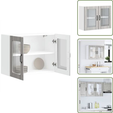 The Living Store Armario de cocina de pared con puerta de cristal "Lucca" de, madera de ingeniería Sonoma gris - Armario de pared