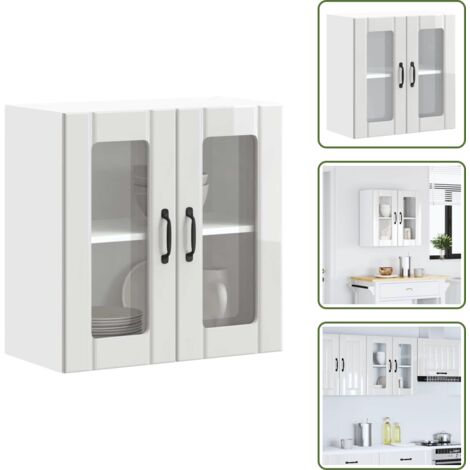 The Living Store Armario de cocina de pared con puerta de cristal "Lucca", madera de ingeniería blanca brillante - Armario de pared