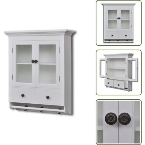 The Living Store Armario de cocina de pared de madera y puerta de vidrio blanco - Armario de pared