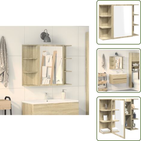 The Living Store Armario de espejo baño contrachapada color roble 80x20,5x64 cm - Armario con espejo