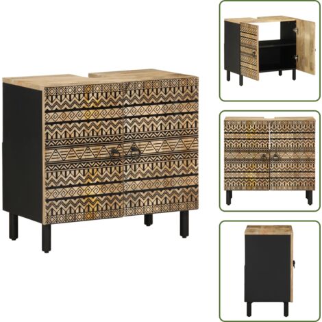 The Living Store Armario de lavabo de baño madera maciza mango negro 62x33x58 cm - Mueble de lavabo
