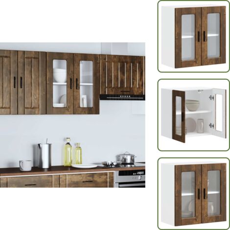 The Living Store Armario de pared para cocina puerta cristal Porto roble ahumado - Armario de pared