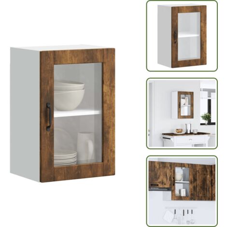 The Living Store Armario de pared para cocina puerta cristal Porto roble ahumado - Armario de pared
