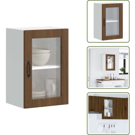 The Living Store Armario de pared para cocina puerta cristal Porto roble marrón - Armario de pared