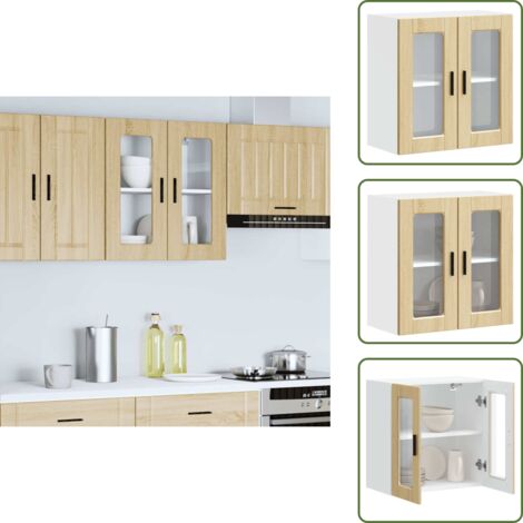 The Living Store Armario de pared para cocina puerta cristal Porto roble sonoma - Armario de pared