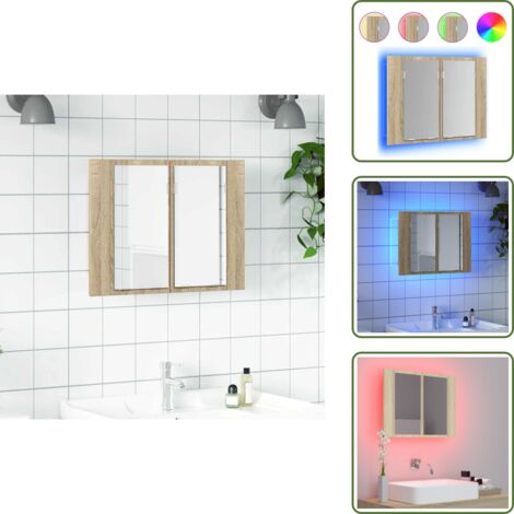 The Living Store Armario espejo de baño LED acrílico roble Sonoma 60x12x45 cm - Armario con espejo