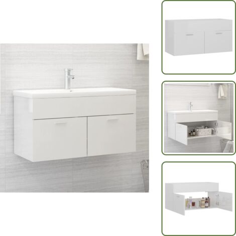 The Living Store Armario para lavabo contrachapada blanco brillo 90x38,5x46 cm - Armario de baño