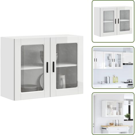 The Living Store Armario pared para cocina puerta cristal Porto blanco brillante - Armario de pared