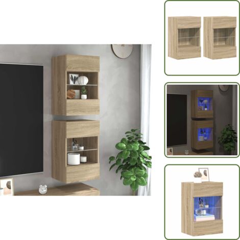 The Living Store Armarios de pared con luces LED para TV 2 uds roble Sonoma 40x30x60,5 cm - Armarios con luces LED