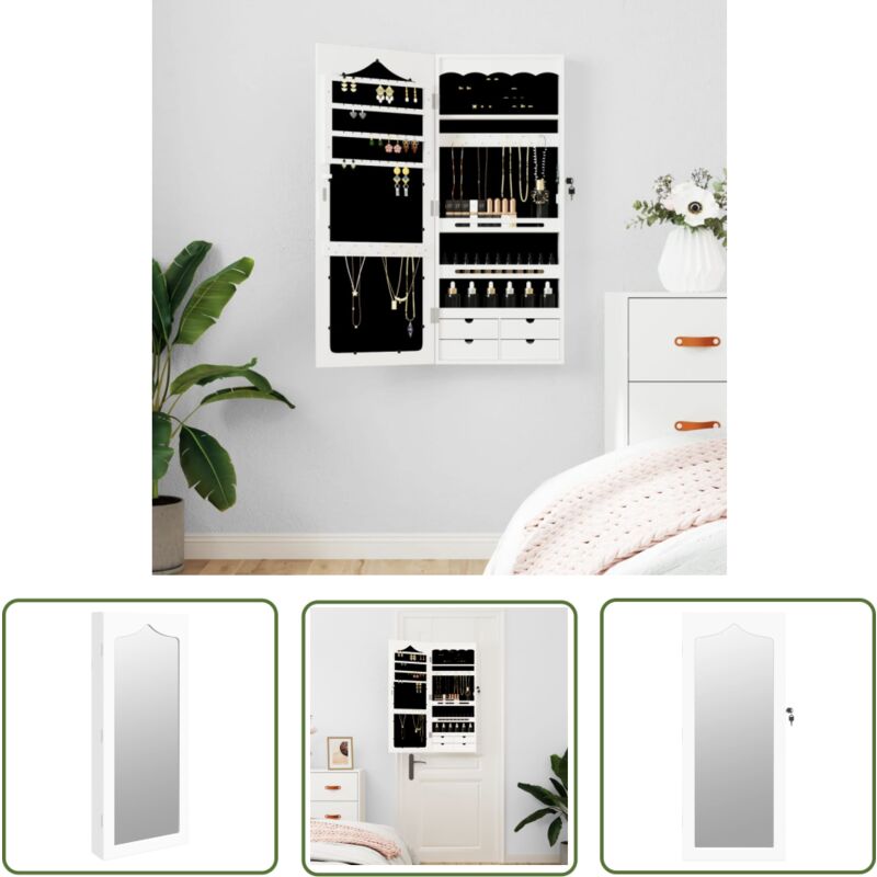 The Living Store - Armoire à bijoux avec miroir murale blanc 37,5x10x90 cm - Armoire à Bijoux - Meuble Rangement Bijoux - Miroir Décoratif