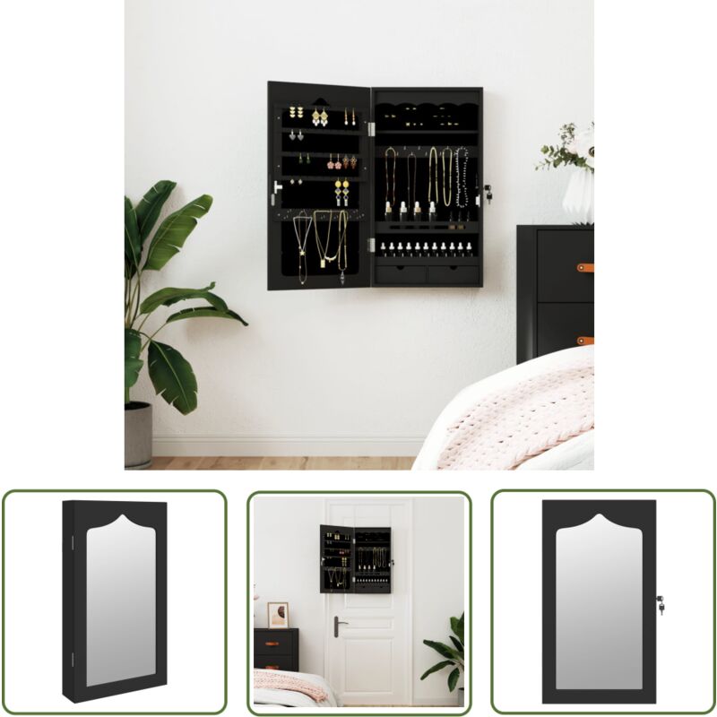 The Living Store - Armoire à bijoux avec miroir murale noir 37,5x10x67 cm - Armoire à Bijoux - Meuble Rangement Bijoux - Miroir Décoratif