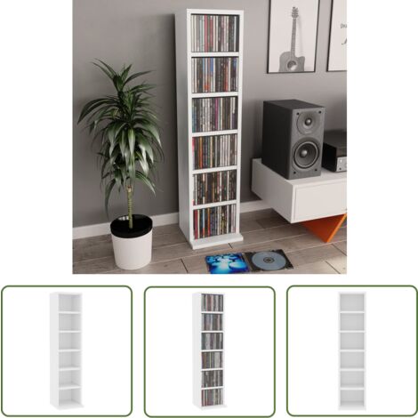 The Living Store Armoire à CD Blanc 21x20x88 cm Bois d'ingénierie - Meuble Rangement Cd - Bibliothèque Cd - Armoire Cd Blanc - Rangement Musique - Étagère Cd