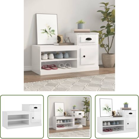 The Living Store Armoire à chaussure blanc brillant 100x42x60 cm bois ingénierie - Armoire À Chaussures - Meuble Rangement Chaussures - Rangement Chaussures - Étagère Chaussures - Placard Chaussures