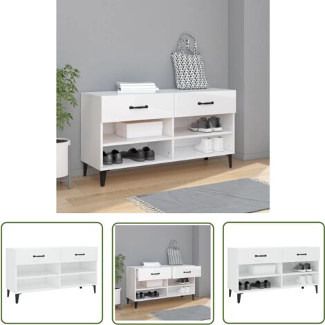 The Living Store Armoire à chaussure Blanc brillant 102x35x55 cm Bois ingénierie - Armoire À Chaussures - Meuble Rangement Chaussures - Rangement Chaussures - Étagère Chaussures - Placard Chaussures