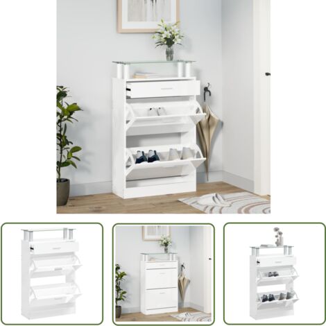 The Living Store Armoire à chaussure Blanc brillant 63x24x104 cm Bois ingénierie - Meuble Range Chaussures - Armoire Chaussures - Rangement Chaussures - Étagère Chaussures - Placard Chaussures