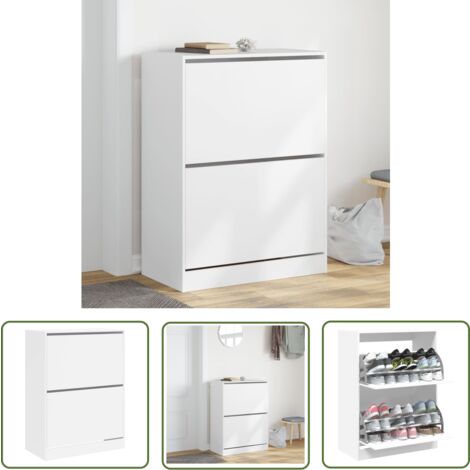 The Living Store Armoire à chaussures 2 tiroirs rabattables blanc 80x42x108 cm - Meuble Range Chaussure - Armoire Chaussure - Étagère Chaussure - Organiseur Chaussure - Meuble Entrée