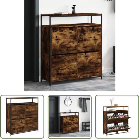 The Living Store Armoire à chaussures 4 tiroirs rabattables chêne fumé - Meuble Chaussure - Étagère Chaussure - Range Chaussures - Rangement Intérieur - Meuble Entrée