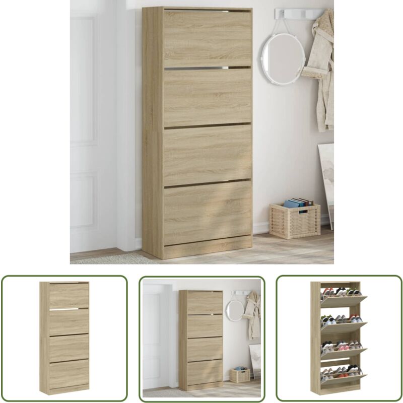 The Living Store - Armoire à chaussures 4 tiroirs rabattables chêne sonoma - Meuble à Chaussures - Rangements Chaussures - Étagère Chaussures
