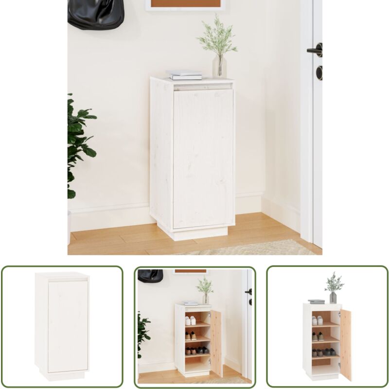The Living Store - Armoire à chaussures Blanc 35x35x80 cm Bois de pin massif - Meuble à Chaussures - Rangement Chaussures - Armoire à Chaussures