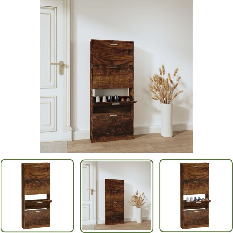 Armoire à chaussures Chêne fumé 59x17x150 cm Bois d'ingénierie - Meuble Rangement Chaussures - Armoire Chaussure - Rangements Intérieur - Rangement