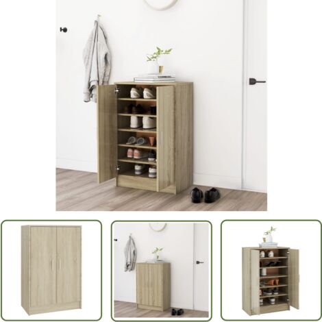 The Living Store Armoire à chaussures Chêne Sonoma 60x35x92 cm Bois d’ingénierie - Armoire À Chaussures - Rangement Chaussures - Meuble Entrée - Mobilier Intérieur - Bois D'ingénierie