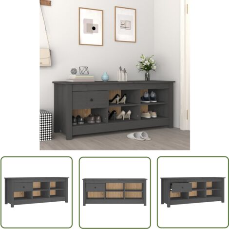 The Living Store Armoire à chaussures Gris 110x38x45,5 cm Bois de pin massif - Armoire À Chaussures - Meuble Chaussure - Rangement Chaussures - Étagère Chaussures - Bois De Pin