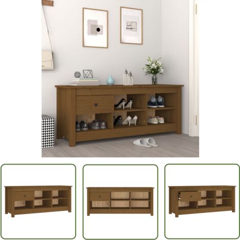 The Living Store Armoire à chaussures Marron miel 110x38x45,5 cm Bois pin massif - Armoire À Chaussures - Meuble Chaussure - Rangement Chaussures - Étagère Chaussures - Bois Pin