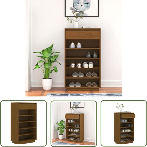 The Living Store Armoire à chaussures Marron miel 60x34x105cm Bois de pin massif - Meuble À Chaussures - Rangements Chaussures - Étagère Chaussure - Rangement Intérieur - Armoire À Chaussures