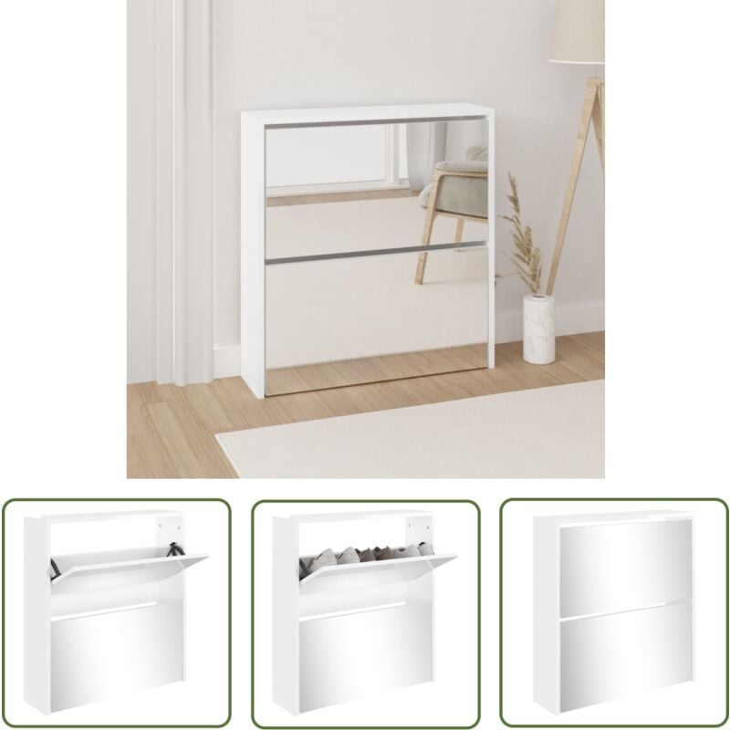 The Living Store - Armoire à chaussures miroir 2 niveaux Blanc brillant 63x17x67cm - Meuble Chaussure - Rangements Chaussures - Armoire Chaussures
