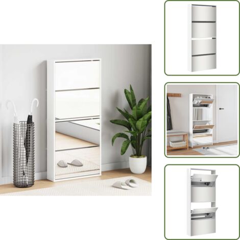 The Living Store Armoire à chaussures miroir 4 niveaux blanc brillant - Meuble Chaussure - Armoire Chaussure - Range Chaussures - Étagère Chaussure - Rangement Intérieur