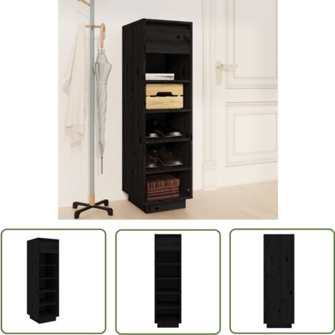 The Living Store Armoire à chaussures noir 30x34x105 cm bois de pin massif - Meuble Chaussure - Étagère Chaussure - Rangement Chaussures - Armoire À Chaussures - Meuble Entrée