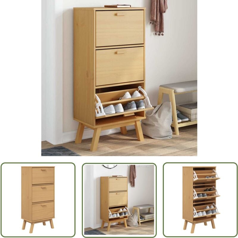 The Living Store Armoire à chaussures OLDEN marron 55x35x120 cm bois pin massif - Meuble Chaussure - Rangements Chaussures - Armoire À Chaussures