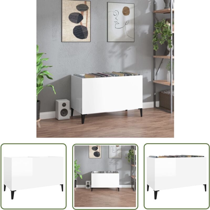 The Living Store - Armoire à disques blanc brillant 74,5x38x48cm bois d'ingénierie - Meuble à Disques - Armoire à Disques - Rangement Disque Vinyle