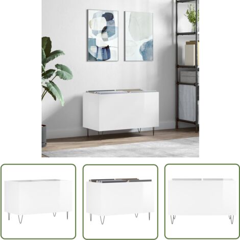 The Living Store Armoire à disques blanc brillant 74,5x38x48cm bois d'ingénierie - Meuble À Disques - Armoire À Vinyle - Rangement Disque Vinyle - Étagère Musique - Support Tourne-disque