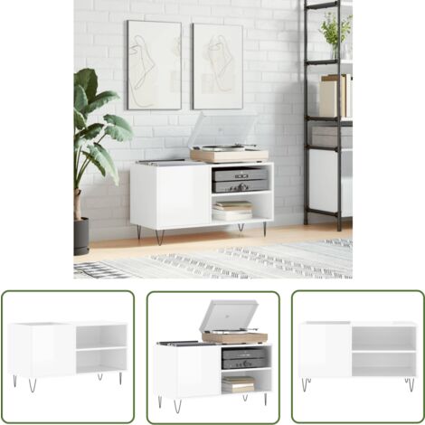 The Living Store Armoire à disques blanc brillant 85x38x48 cm bois d'ingénierie - Meuble À Disques - Armoire À Vinyle - Rangement Disque Vinyle - Étagère Musique - Support Tourne-disque