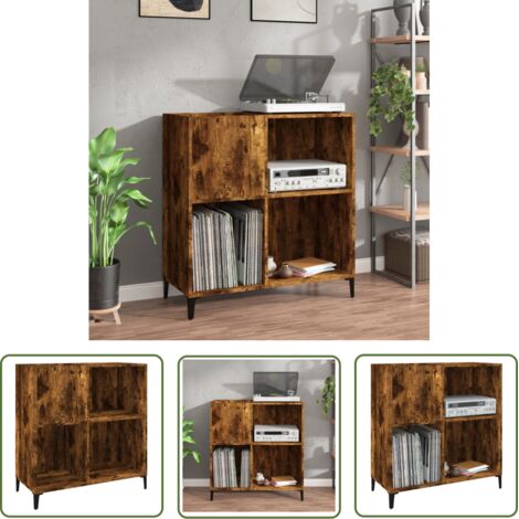 The Living Store Armoire à disques chêne fumé 84,5x38x89 cm bois d'ingénierie - Meuble À Disques - Armoire À Vinyle - Rangement Disque Vinyle - Étagère Musique - Support Tourni Table