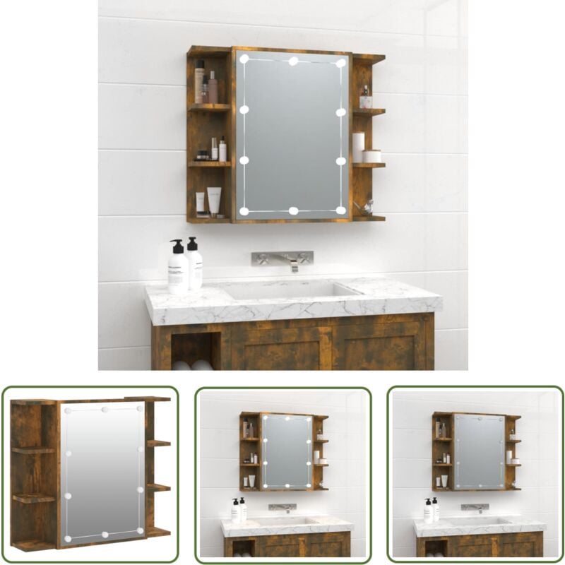 Armoire à miroir avec led Chêne fumé 70x16,5x60 cm - Armoire De Salle De Bain - Meuble Lavabo - Miroir Led - Éclairage Led - Rangement Cosmétiques