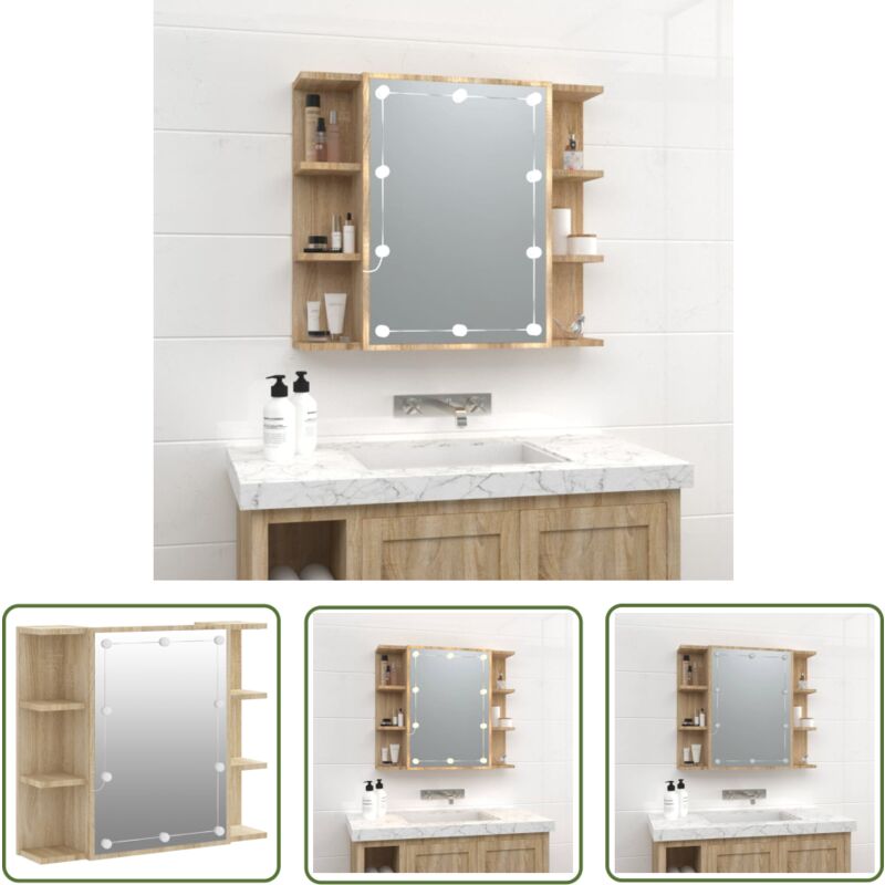 Armoire à miroir avec led Chêne sonoma 70x16,5x60 cm - Armoire à Miroir - Meuble Salle De Bain - Éclairage Led - Rangement Cosmétiques - Miroir