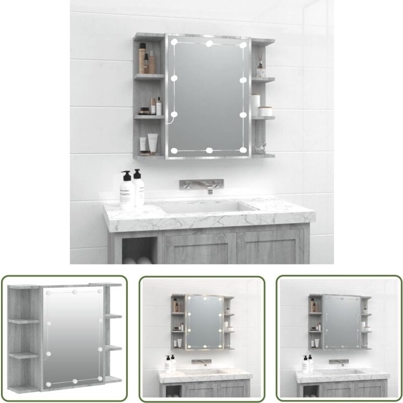 The Living Store Armoire à miroir avec LED Sonoma gris 70x16,5x60 cm - Armoire À Miroir - Meuble Salle De Bain - Éclairage Led - Rangement