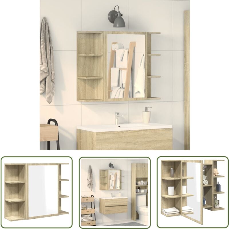 Armoire à miroir de bain Chêne sonoma 80x20,5x64 cm Aggloméré - Meuble De Salle De Bain - Armoire Murale - Meuble Lavabo - Rangement Salle De Bain