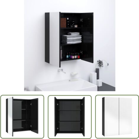 The Living Store Armoire à miroir de salle de bain 60x15x75 cm MDF Noir brillant - Armoire De Salle De Bain - Meuble De Salle De Bain - Miroir Mural - Rangement Salle De Bain - Commode Salle De Bain