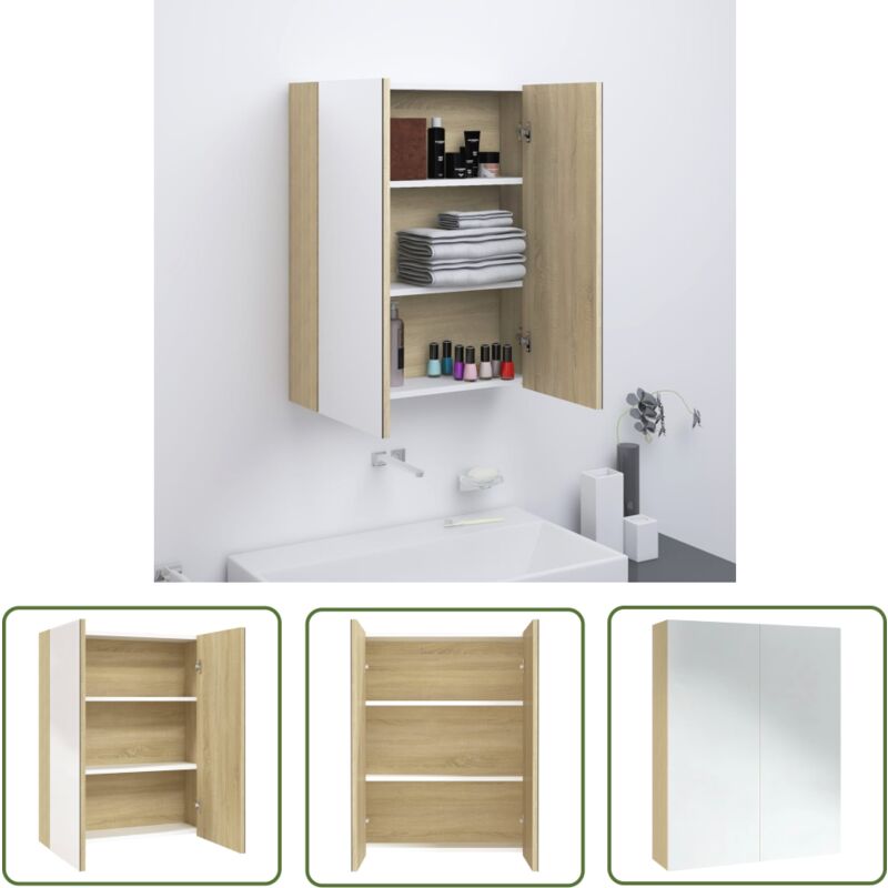 Armoire à miroir de salle de bain 60x15x75cm mdf Blanc et chêne - Meuble De Salle De Bain - Armoire De Salle De Bain - Meuble Lavabo - Armoire Miroir