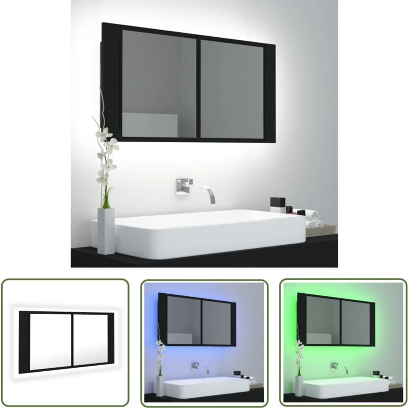 Armoire à miroir de salle de bain led Noir 90x12x45 Acrylique - Armoire Salle De Bain - Meuble Salle De Bain - Miroir Led - Éclairage Rvb - Rangement
